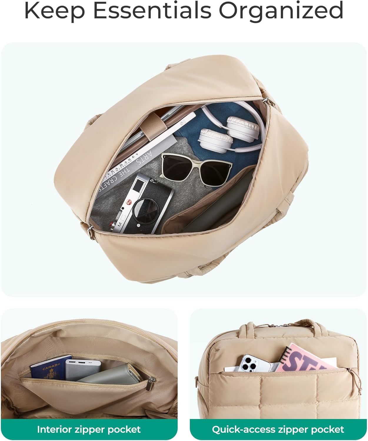 BAGSMART Puffer Travel Duffel Bag, Small Gym Bag for Women, Water-resistant Weekender with Shoe Compartment, Camel - Image 3
