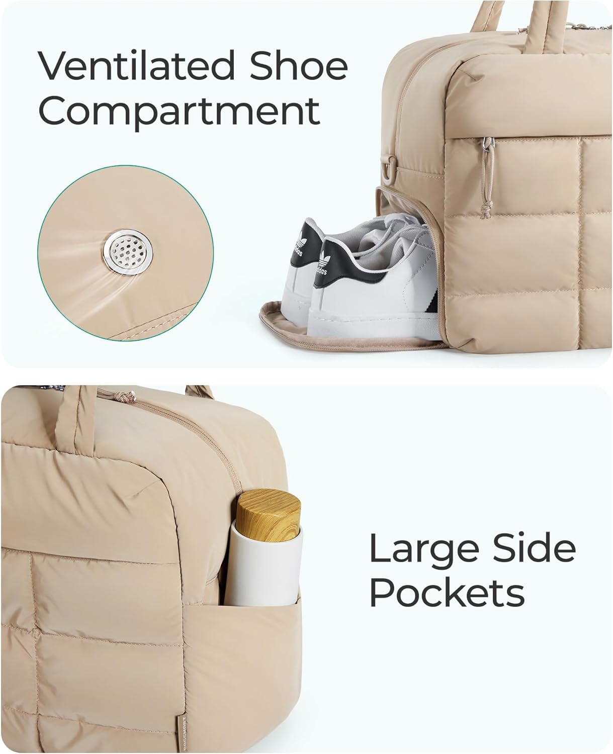 BAGSMART Puffer Travel Duffel Bag, Small Gym Bag for Women, Water-resistant Weekender with Shoe Compartment, Camel - Image 4