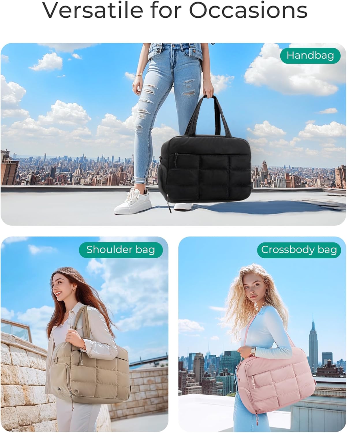 BAGSMART Puffer Travel Duffel Bag, Small Gym Bag for Women, Water-resistant Weekender with Shoe Compartment, Camel - Image 5