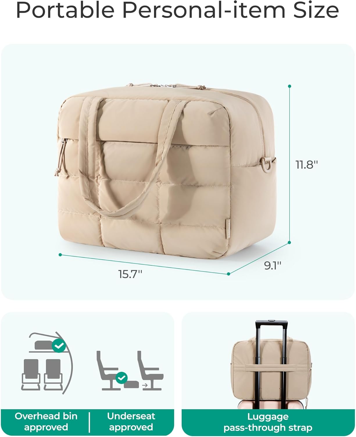 BAGSMART Puffer Travel Duffel Bag, Small Gym Bag for Women, Water-resistant Weekender with Shoe Compartment, Camel - Image 6