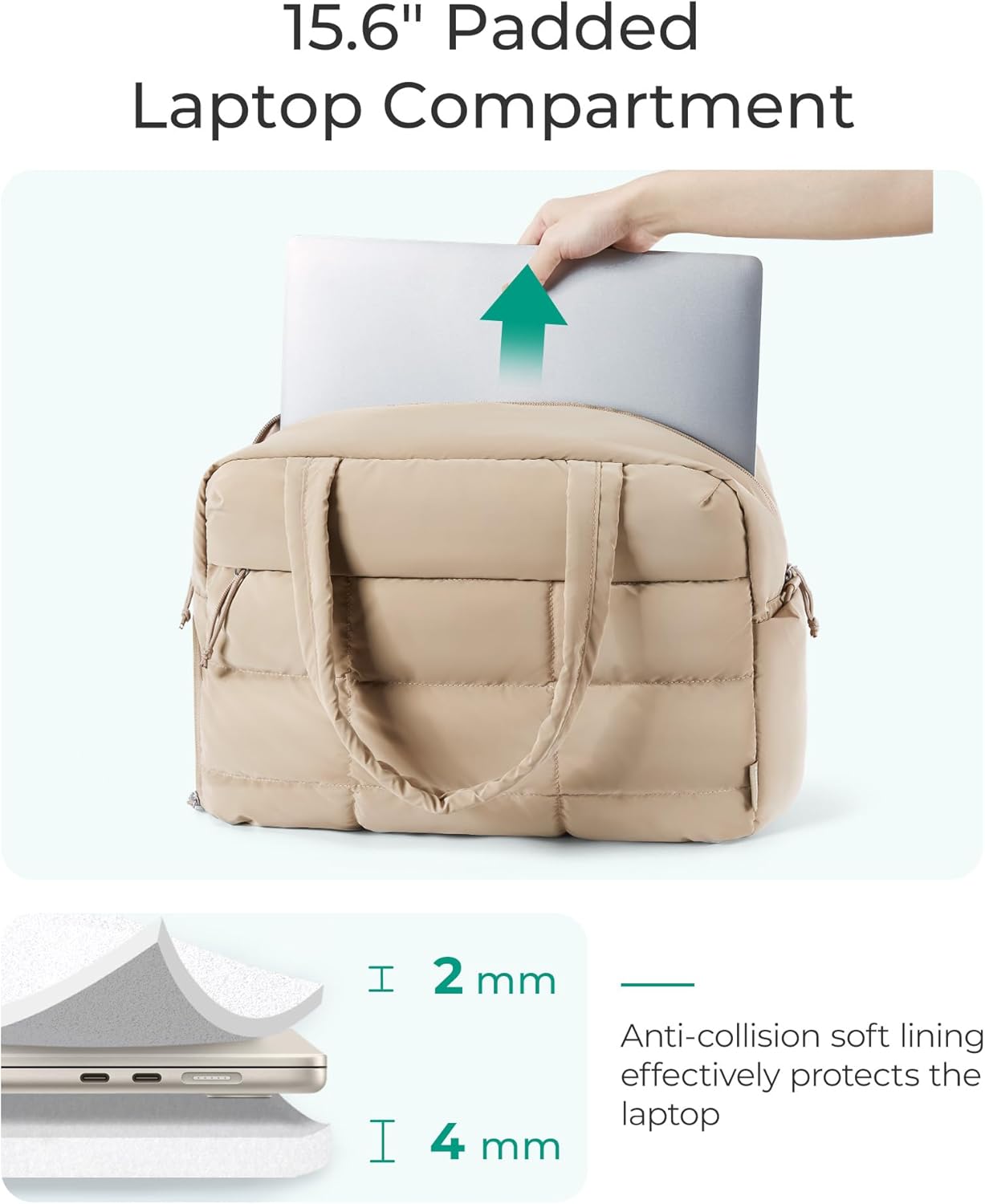 BAGSMART Puffer Travel Duffel Bag, Small Gym Bag for Women, Water-resistant Weekender with Shoe Compartment, Camel - Image 7