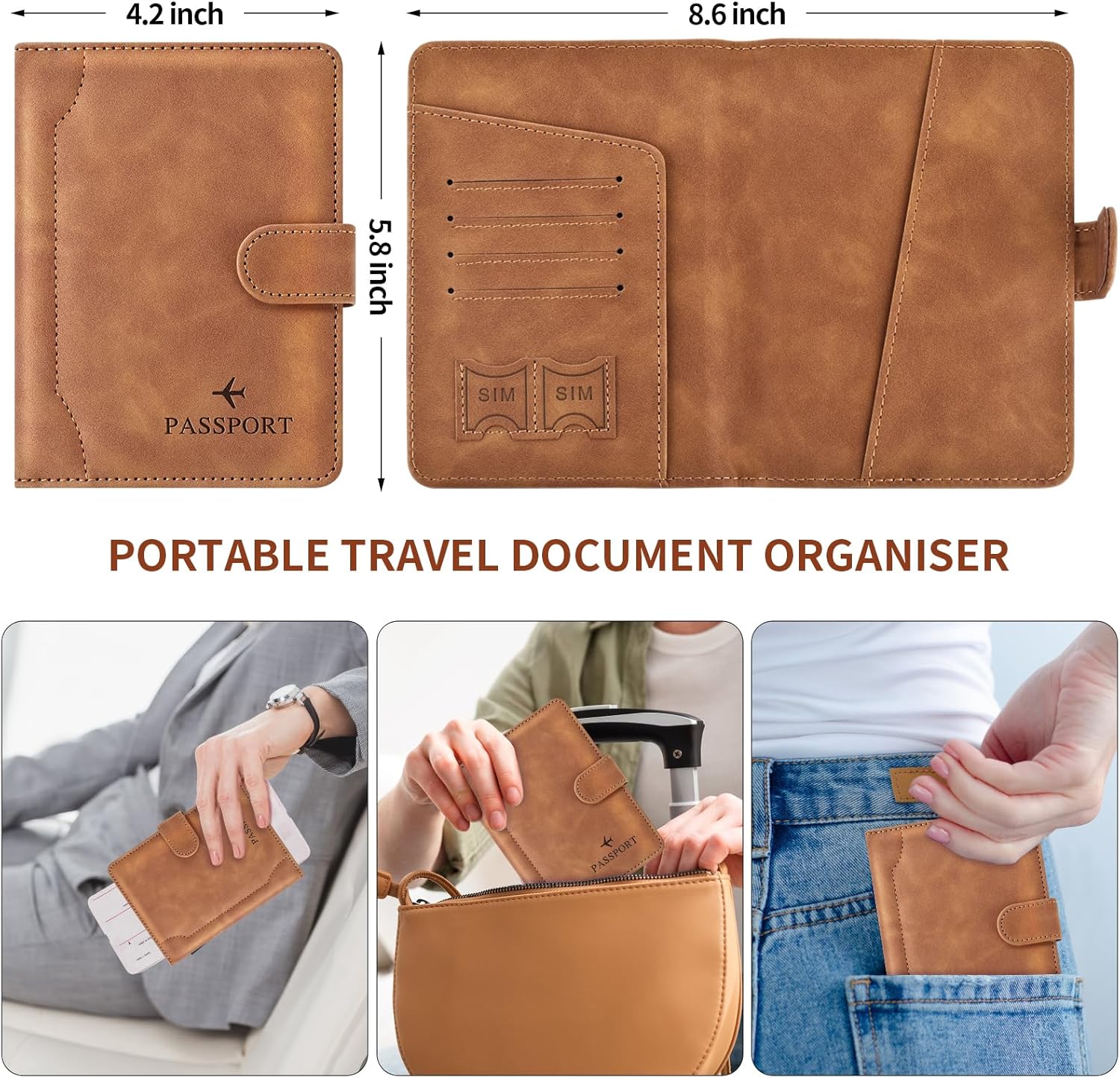 Herain Light Brown Passport Holder for Travel, Passport Wallet Cover Case Women Men Family Cruise Ship Essentials, RFID Passport Book Holders Travel Accessories Vacation Must Haves - Image 3