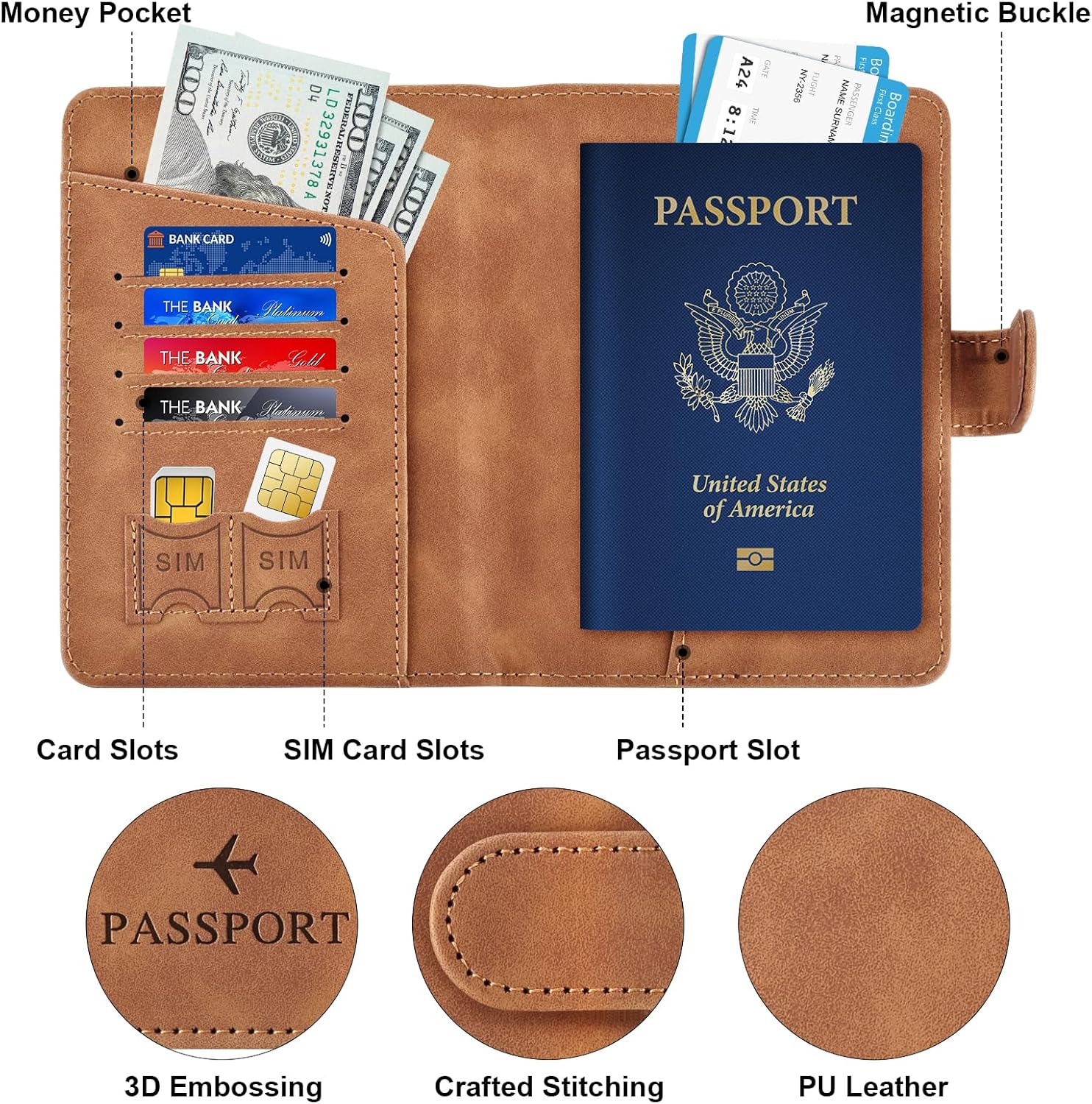Herain Light Brown Passport Holder for Travel, Passport Wallet Cover Case Women Men Family Cruise Ship Essentials, RFID Passport Book Holders Travel Accessories Vacation Must Haves - Image 4