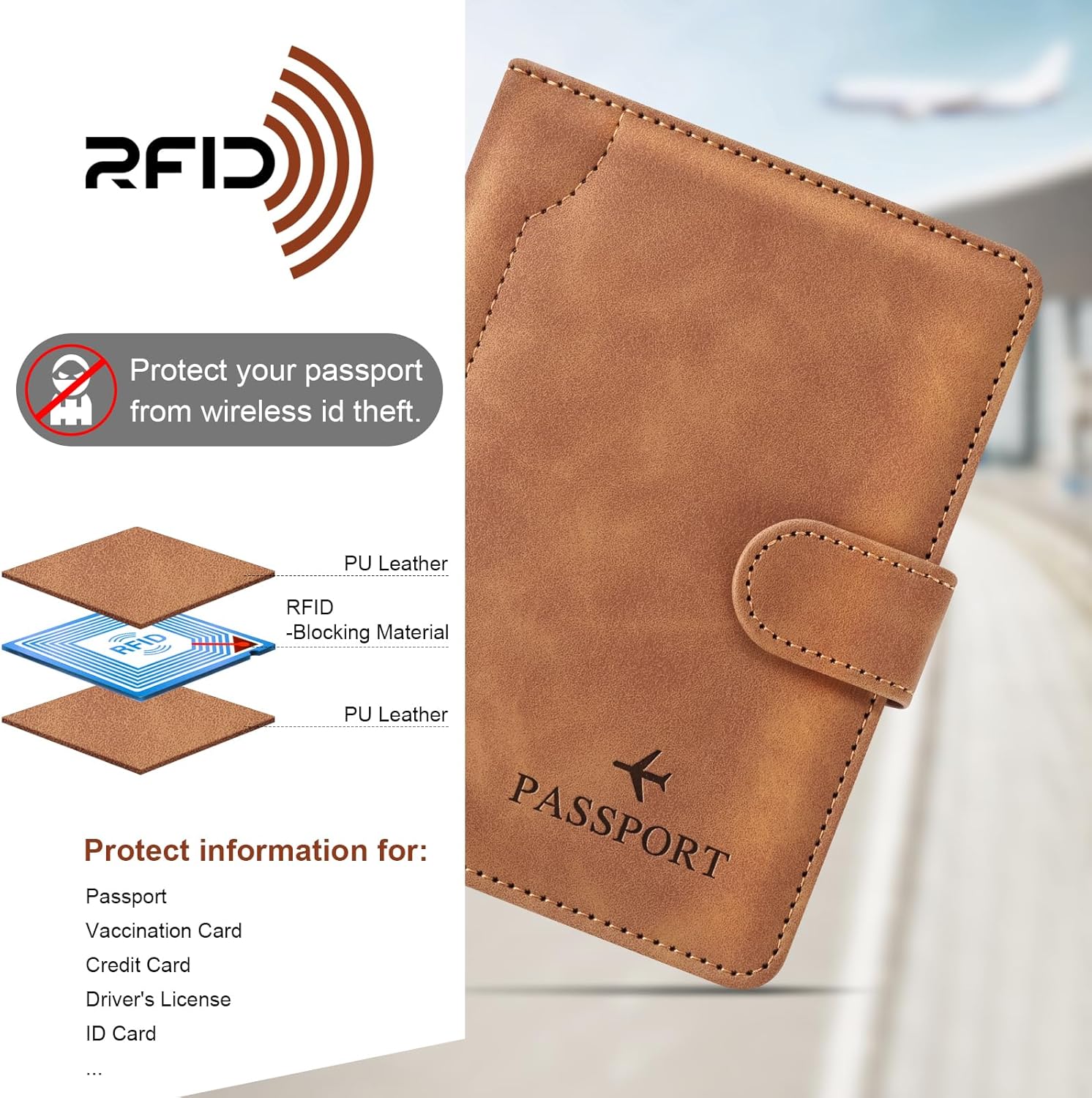 Herain Light Brown Passport Holder for Travel, Passport Wallet Cover Case Women Men Family Cruise Ship Essentials, RFID Passport Book Holders Travel Accessories Vacation Must Haves - Image 5