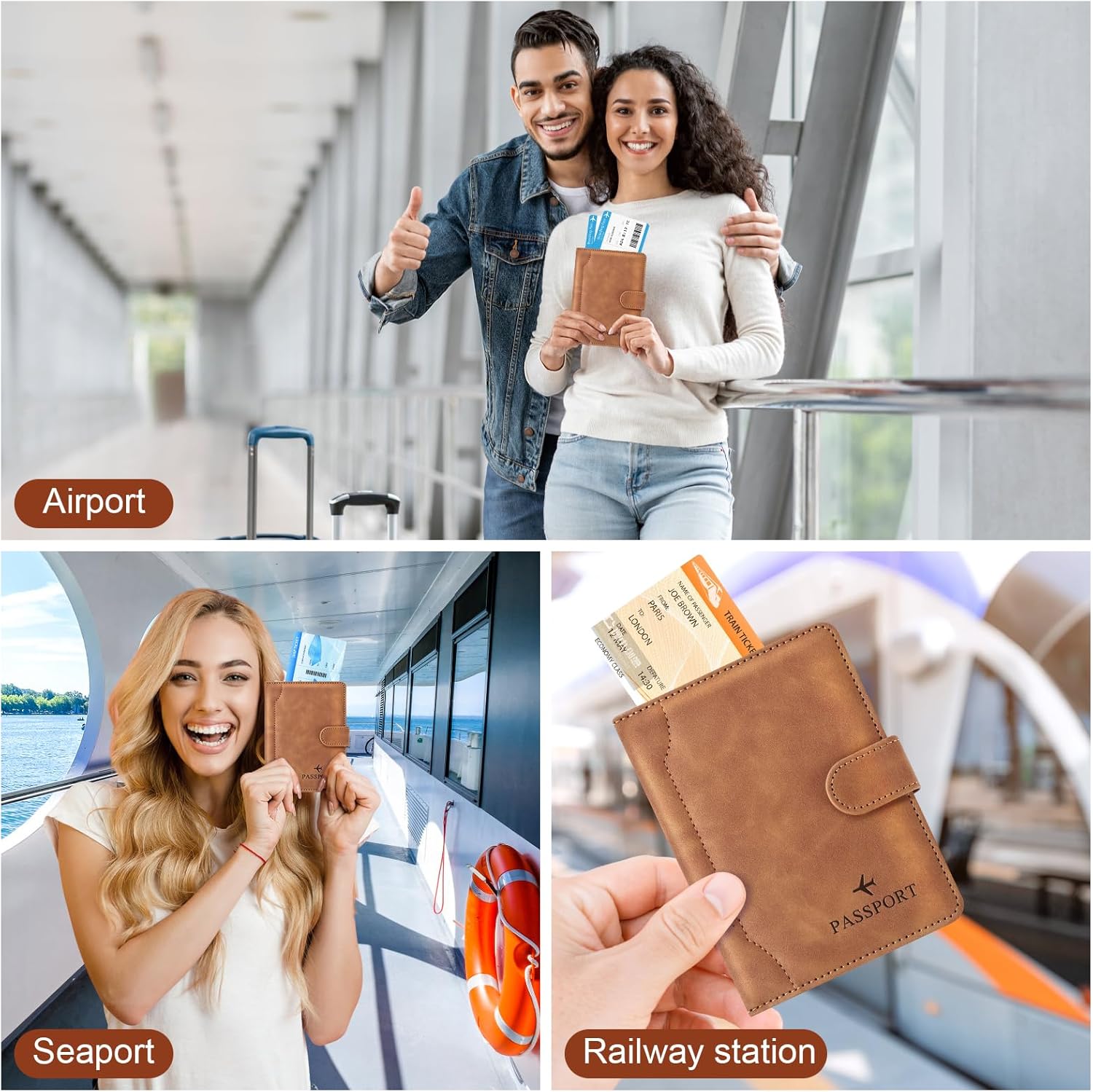 Herain Light Brown Passport Holder for Travel, Passport Wallet Cover Case Women Men Family Cruise Ship Essentials, RFID Passport Book Holders Travel Accessories Vacation Must Haves - Image 6